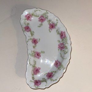 Antique Bassett Limoges Austria Pink Floral Trinket Jewelry Bone Dish Cottage